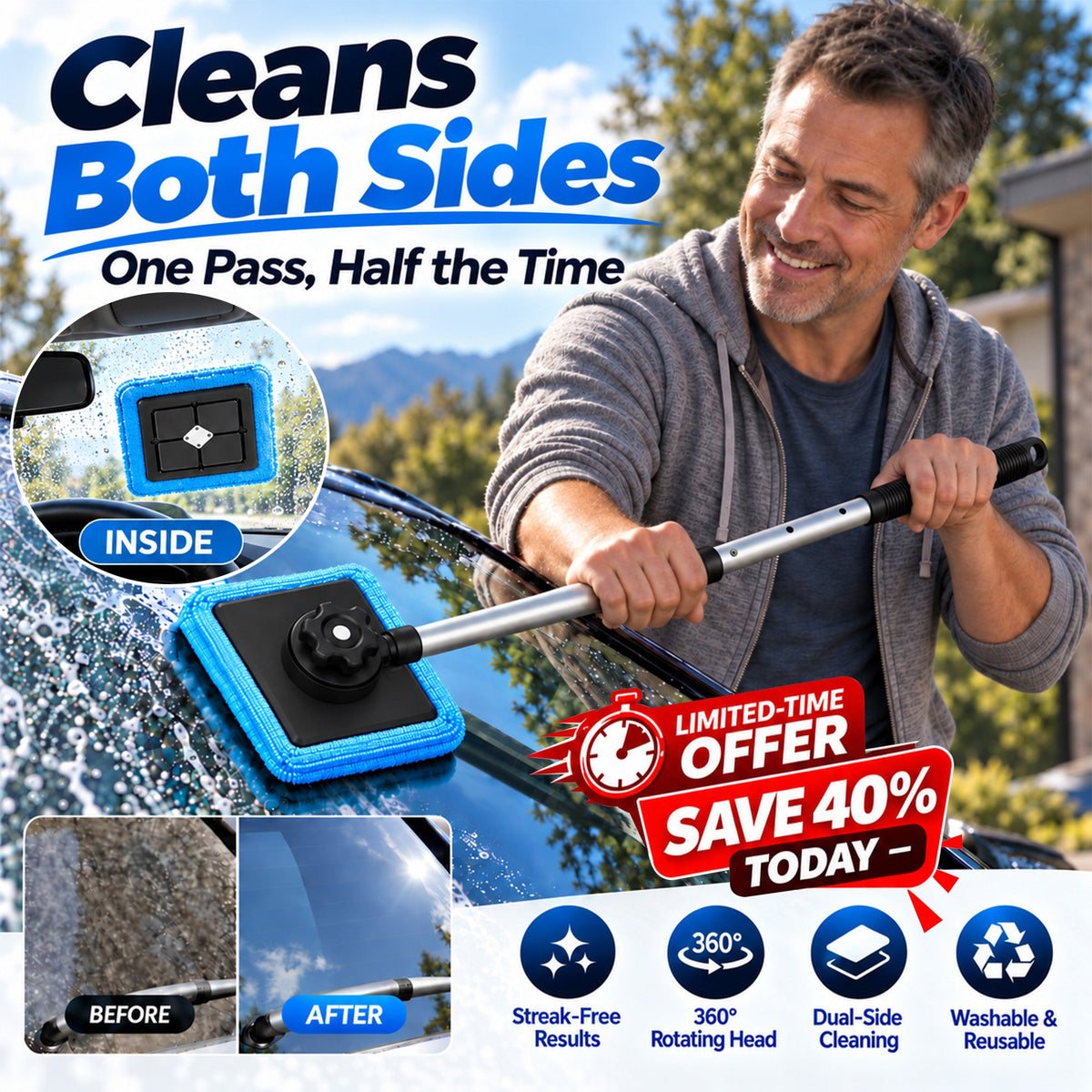 Magnetic Glass Cleaner — Dual-Side Cleaning, Washable Pads & Versatile Home and Car Use | One Kit. Cleaner Glass. Less Effort. 💎