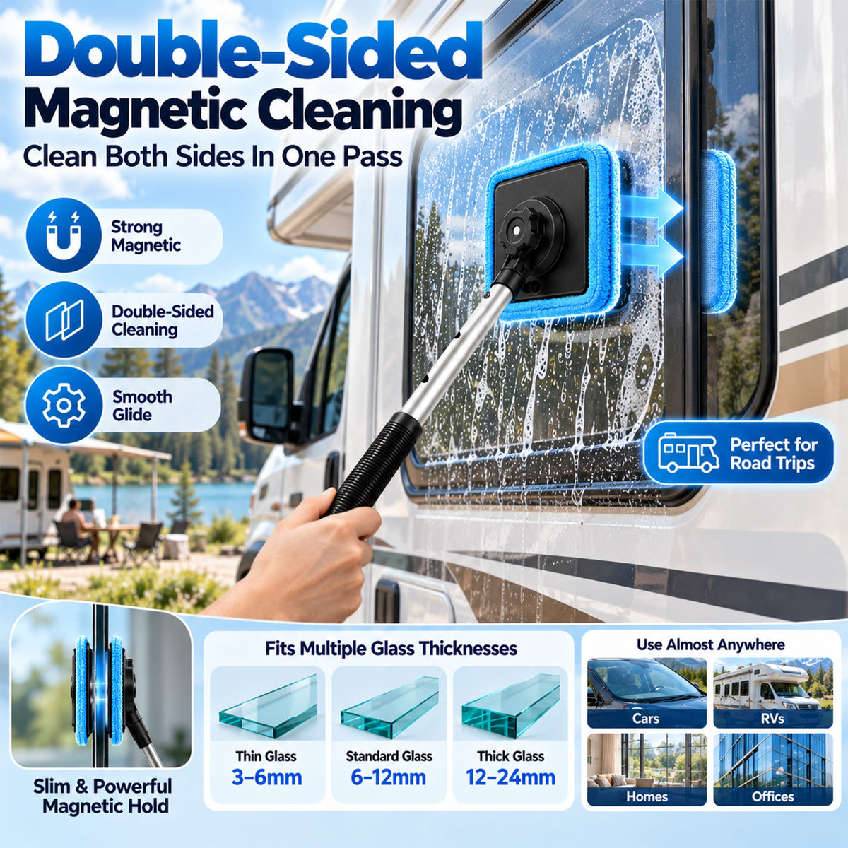 Magnetic Glass Cleaner — Dual-Side Cleaning, Washable Pads & Versatile Home and Car Use | One Kit. Cleaner Glass. Less Effort. 💎