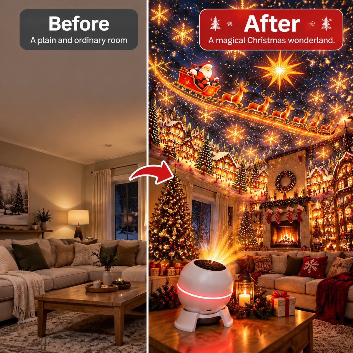 Christmas projector in a cosy home corner